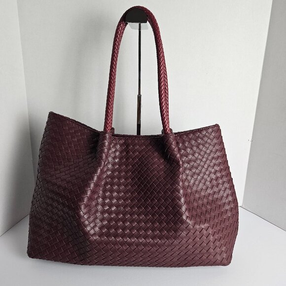 Lulu Dharma Tote Vegan Leather Large Bag Deep Burgundy Wine Woven Bag - Picture 1 of 15